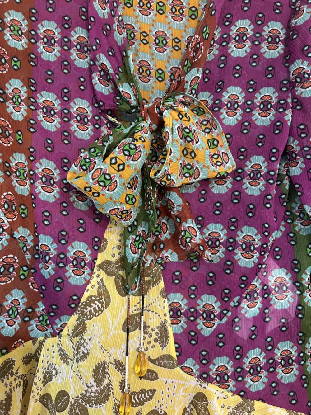 Zara Purple, Green, Brown & Yellow Printed Tie-Neck Blouse - Picture 3 of 10
